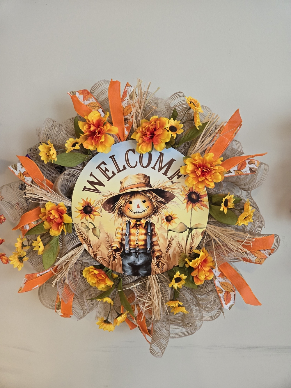 Autumn Welcome Fall Scarecrow Wreath with Orange & Yellow Blooms